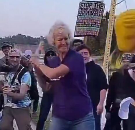 Disturbing Video: Grandmotherly TDS Sufferer in Shirt Calling for Kindness Savagely Attacks Trump Effigy
