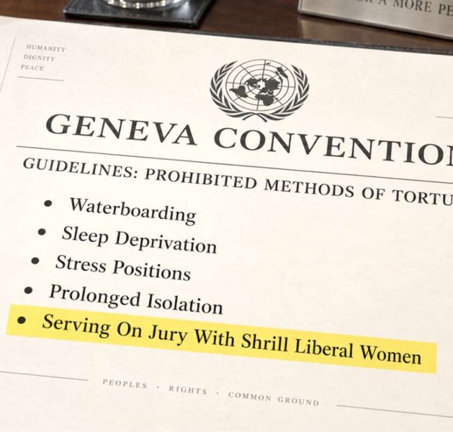 Serving On Jury With Shrill Liberal Women Added To List Of Torture Methods Under Geneva Conventions